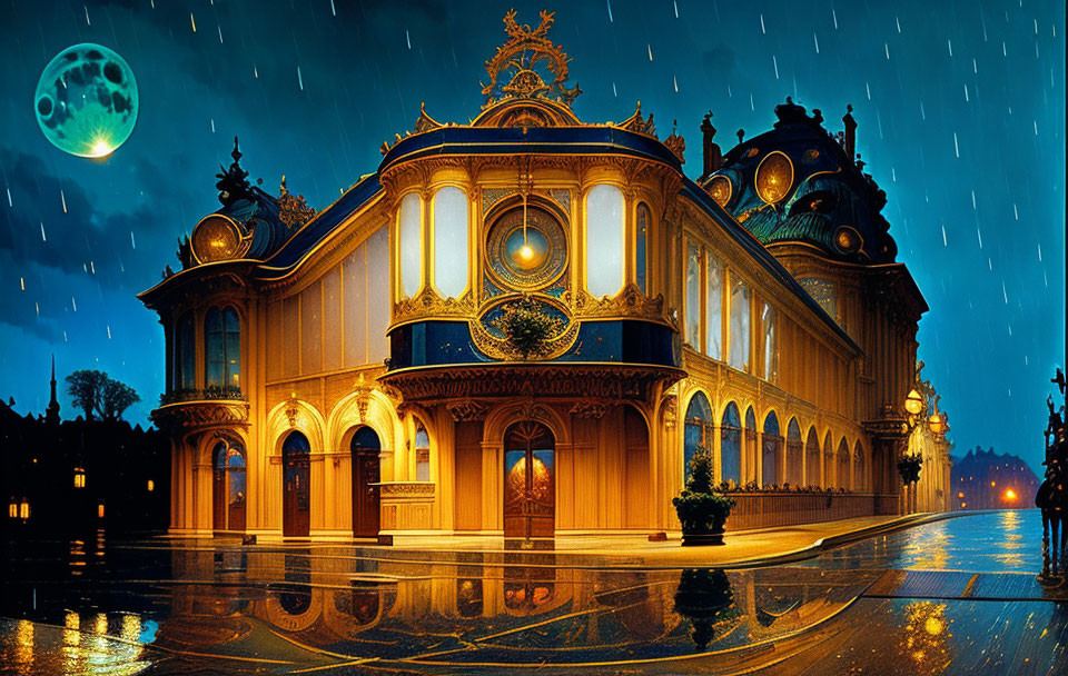 Night scene of ornate building in rain with full moon and wet cobblestones