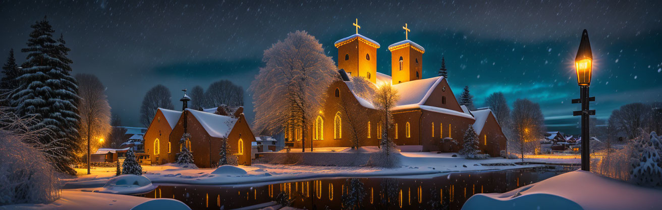 Snow-covered village night scene with church, street lamps, and starry sky