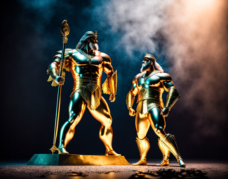 Ancient warrior statues in face-off pose with dramatic lighting