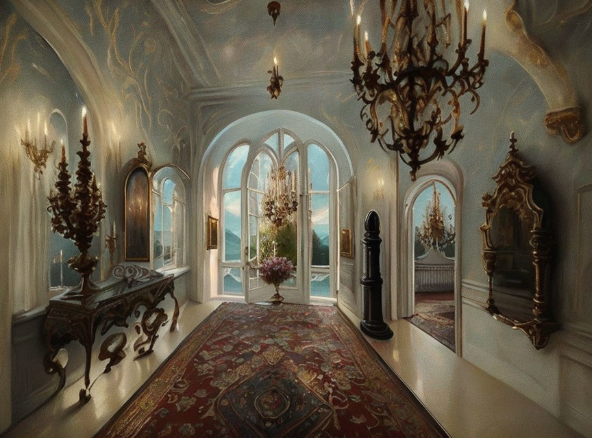 Luxurious Hallway with Ornate Furniture, Chandeliers & Large Window