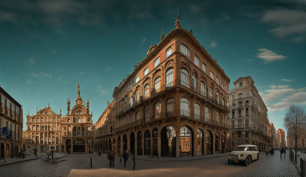 Historical European cityscape with cobblestone streets and ornate buildings