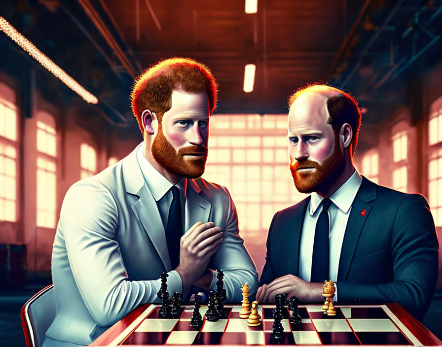 Illustrated men with red beards play chess in warmly lit room