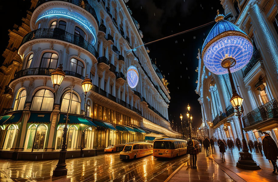 Night scene with festive lights, classic building, elegant awnings, and yellow buses.