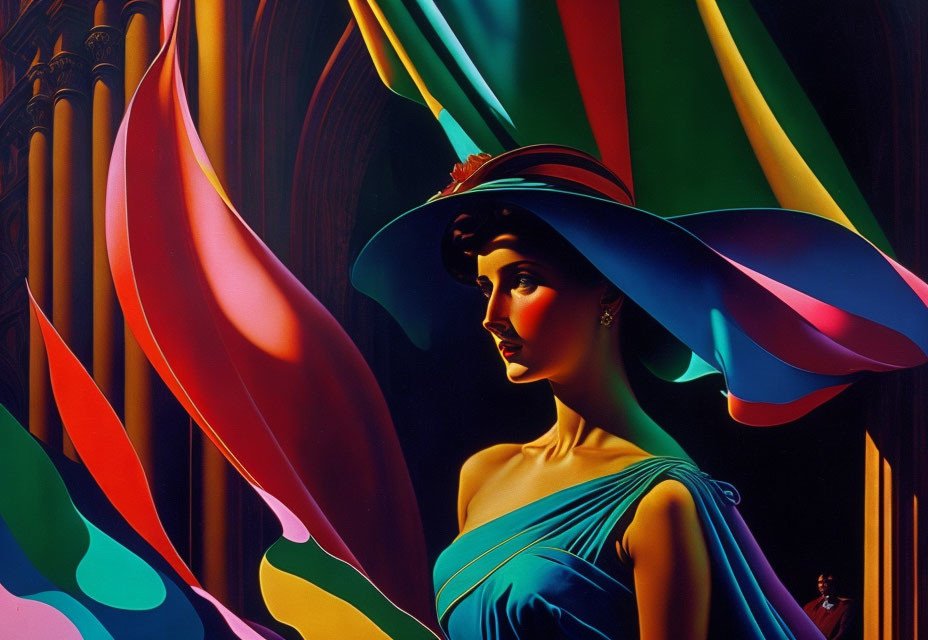 Colorful painting of woman in wide-brimmed hat and blue dress