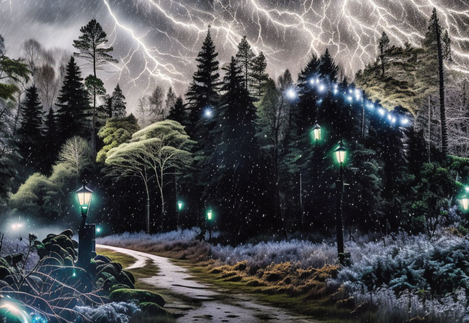 Nighttime park path with lanterns, stormy sky, lightning bolts, illuminated trees, snowfall