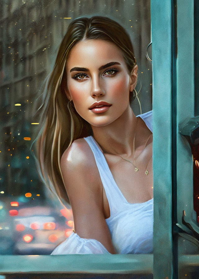 Woman with green eyes and brown hair looking out window at city lights