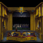 Theater stage with golden and blue decorations, statues, actors in medieval costumes, dramatic lighting