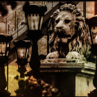 Majestic lion sculpture on stone pedestal with ornate lamps, architectural background