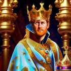 Regal man in golden crown and blue robes with fleur-de-lis, holding scepter on