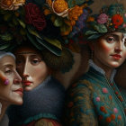 Three women in elaborate floral hats and ornate autumnal clothing embody a mystical fantasy vibe.