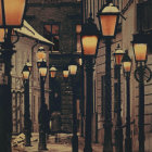 Rainy city street at dusk with glowing street lamps and person holding umbrella