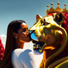 Woman with long braids in white dress meets golden crowned lion under blue sky