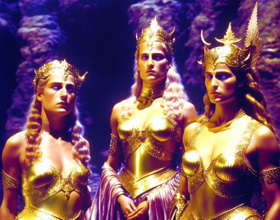 Three Women in Golden Costumes and Crowns Posing Dramatically in Mystical Cave Setting