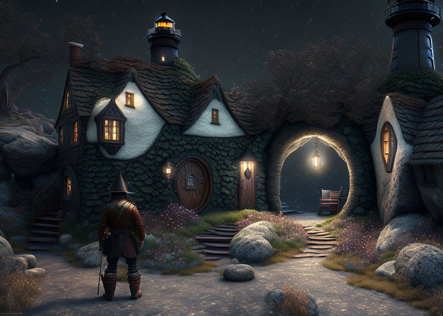 Nighttime scene: character in cape near lighthouse house with flowers and glowing windows