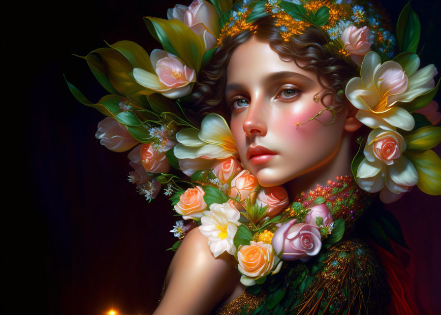 Portrait of young woman with floral crown and serene expression