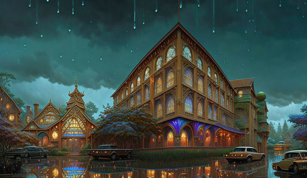 Illuminated ornate building at night with vintage cars in rain.