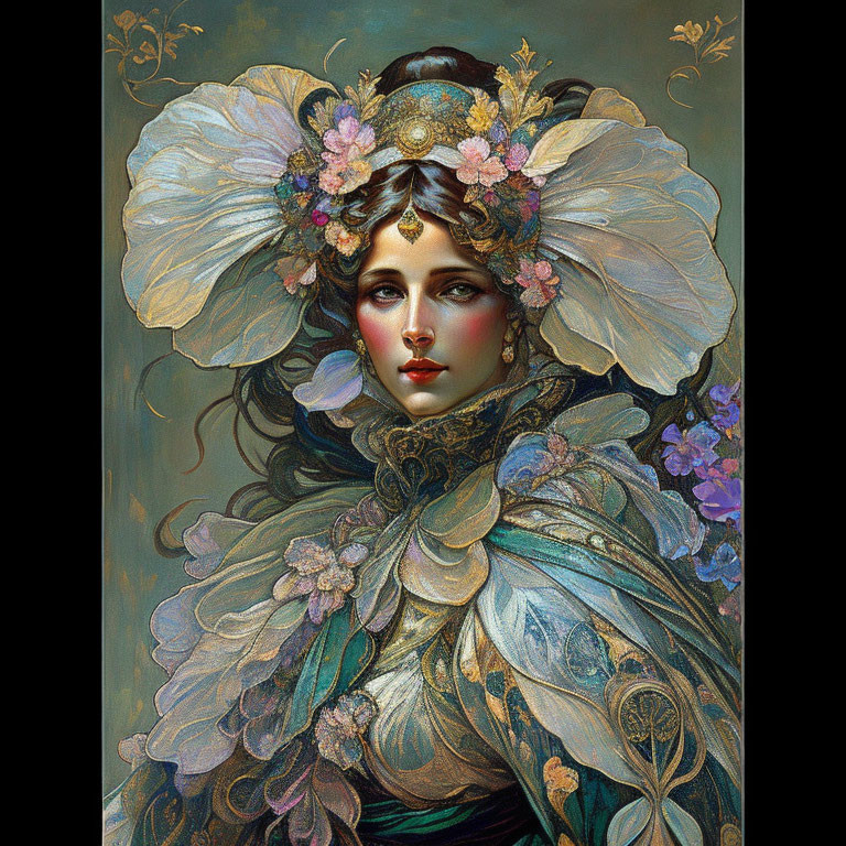 Detailed painting of woman in floral headdress & feather-like garments in rich blues & pastels