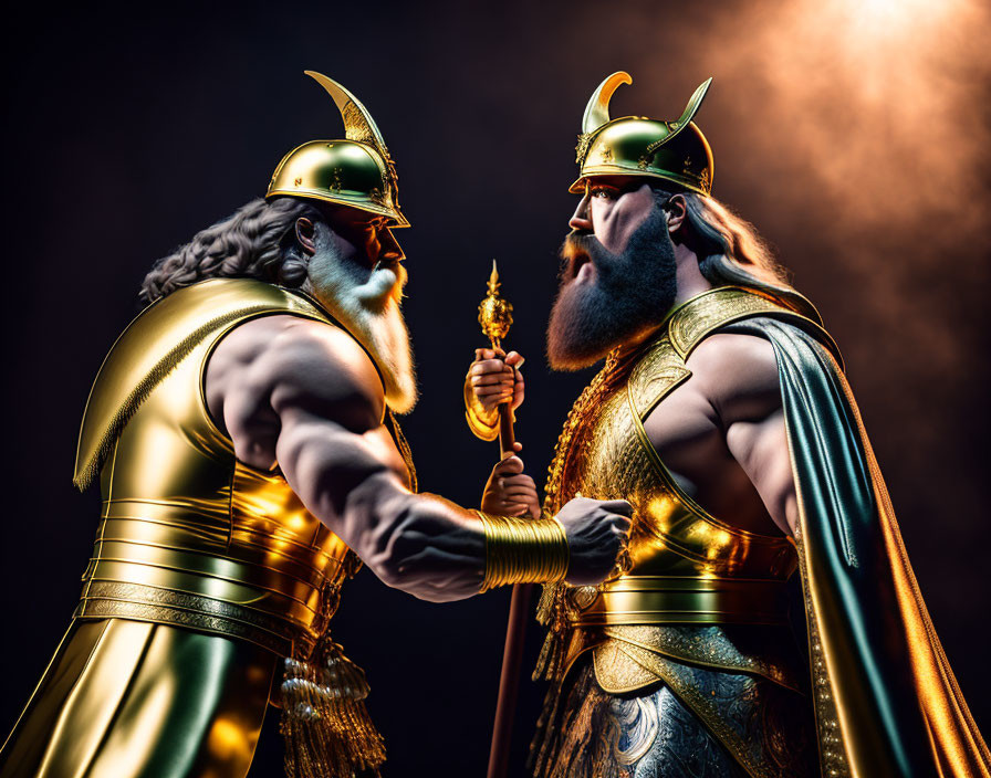 Muscular Viking warriors in golden armor clasping hands on dark backdrop.