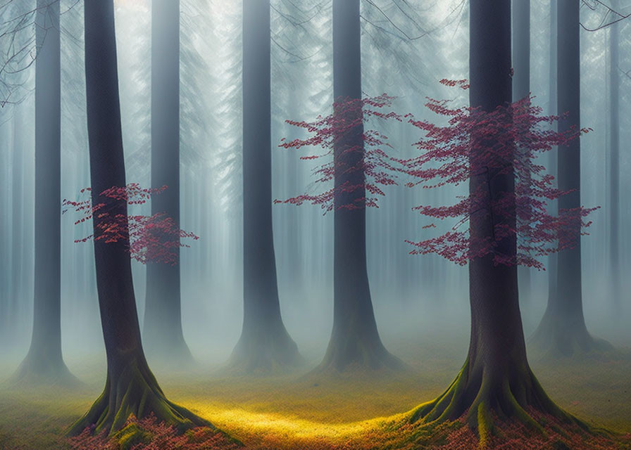 Enchanting forest scene with fog, tall trees, and pink foliage