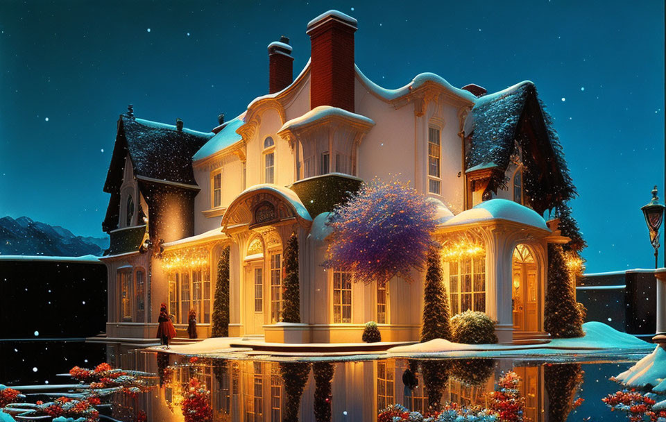 Snow-covered house with holiday lights reflecting on a pond