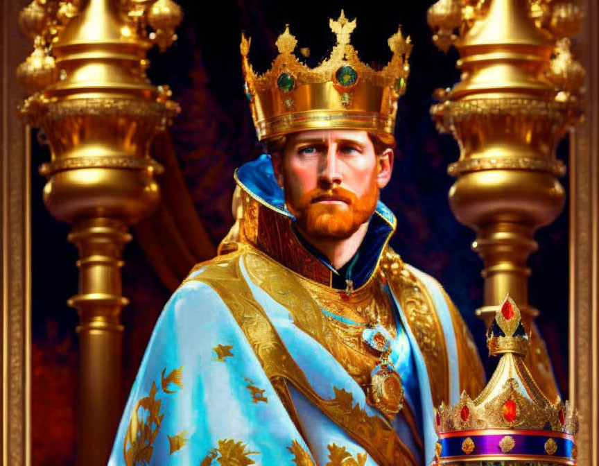 Regal man in golden crown and blue robes with fleur-de-lis, holding scepter on