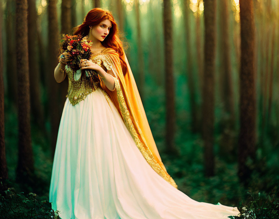 Woman in white gown with golden shawl in forest holding bouquet