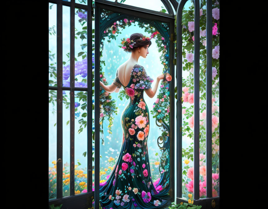 Woman in floral dress by open French window overlooking garden