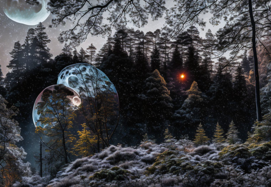 Enchanting night scene: mystical forest, surreal moons, falling snow, orange glow