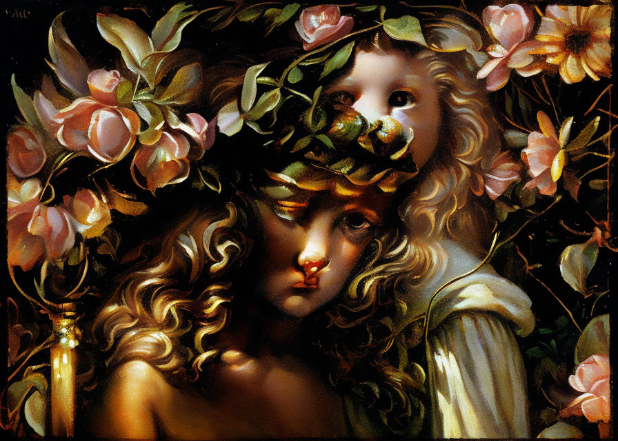 Cherubic figure with curly hair in flower wreath gazes sideways