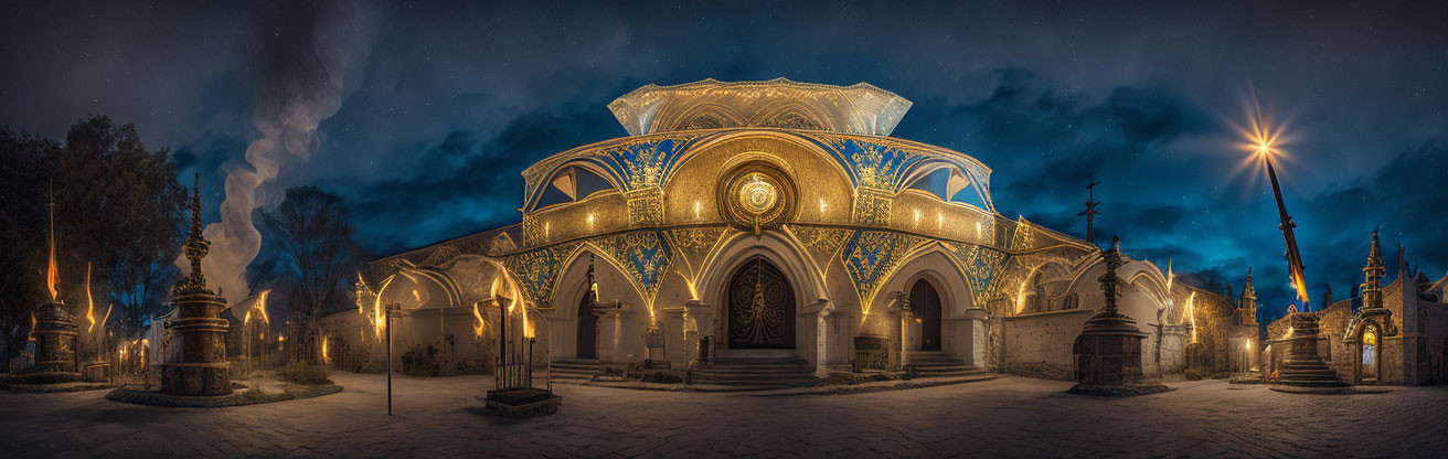 Historical building with Islamic architecture in night panorama