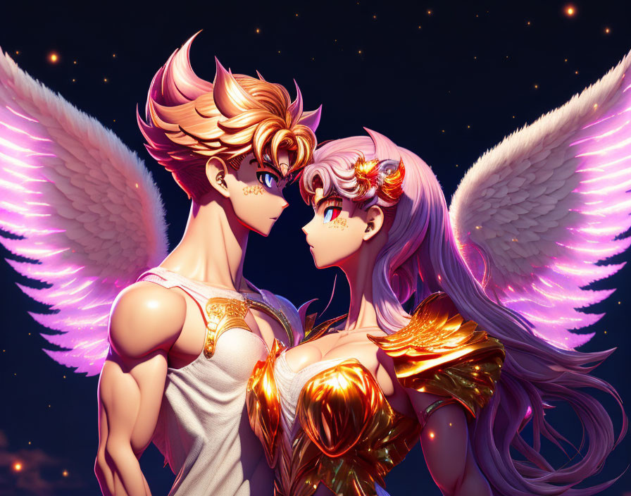 Animated characters with pink wings and golden armor in intimate gaze under starry night.