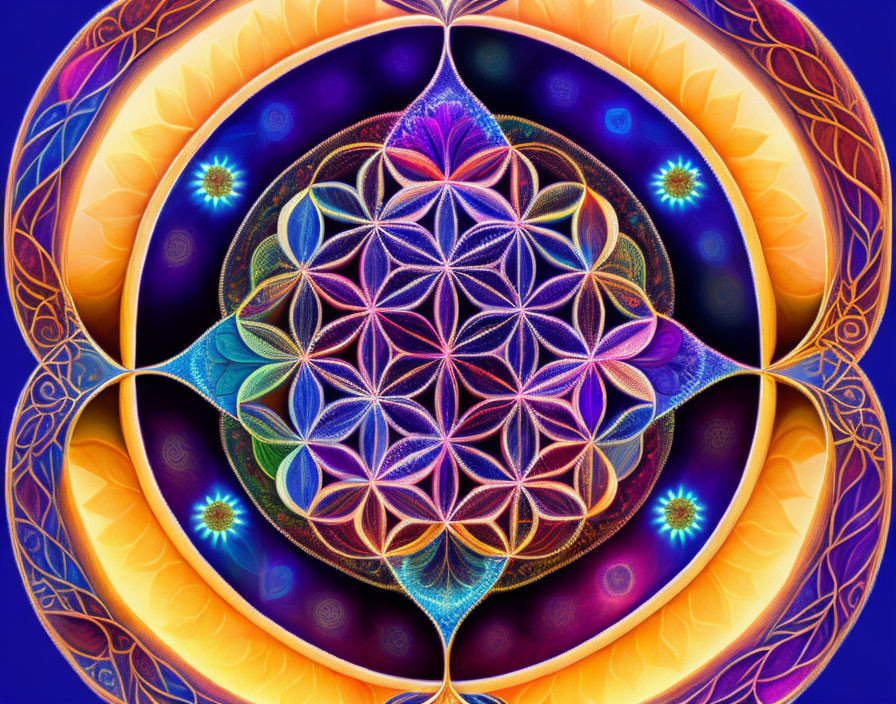 Colorful Flower of Life Mandala Art on Cosmic Blue Background