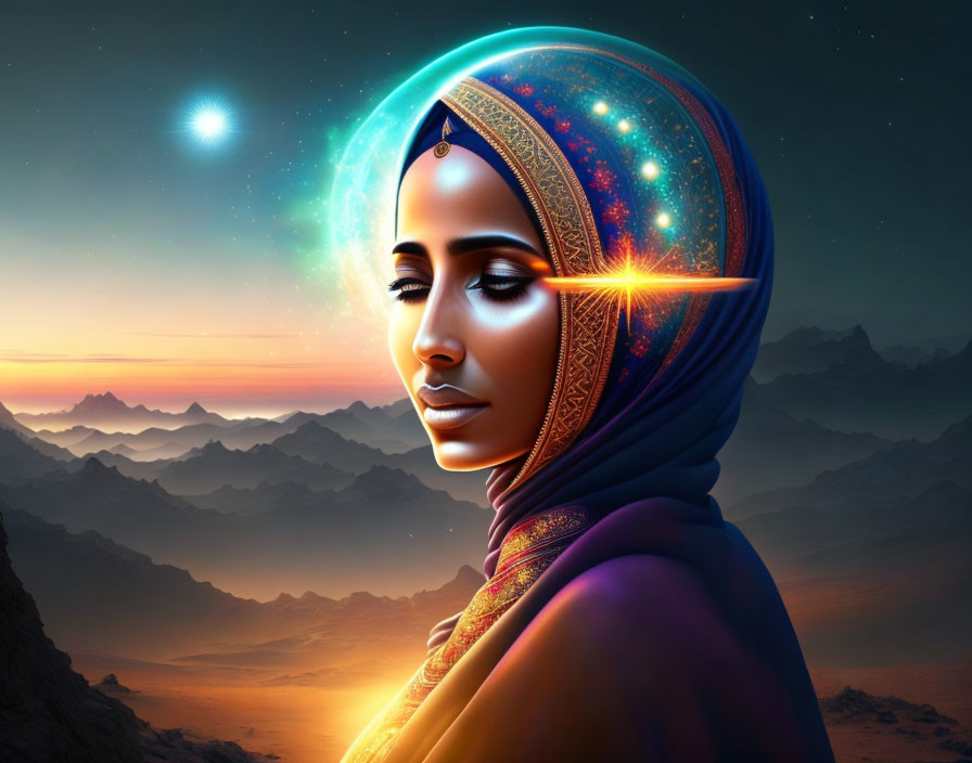 Cosmic-themed digital artwork of a woman in a desert landscape