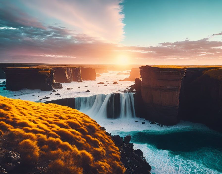 Majestic waterfall and sunset over ocean with cliffs & moss-covered hills