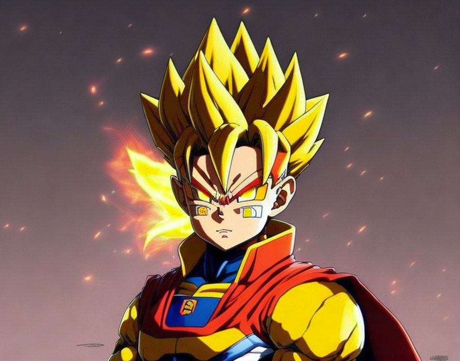 Saiyan character in Super Saiyan form with spiky blond hair, blue and red outfit