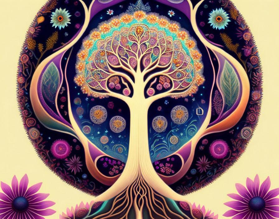 Symmetrical tree artwork with colorful flowers on dark background