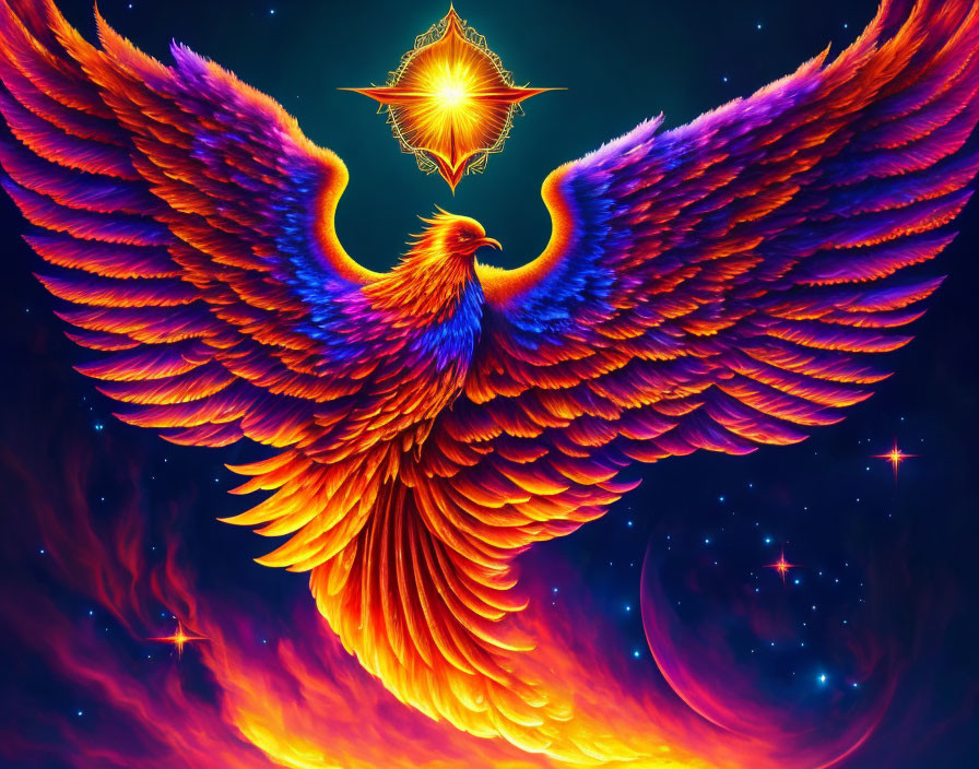 Colorful Phoenix Artwork with Fiery Wings in Cosmic Sky