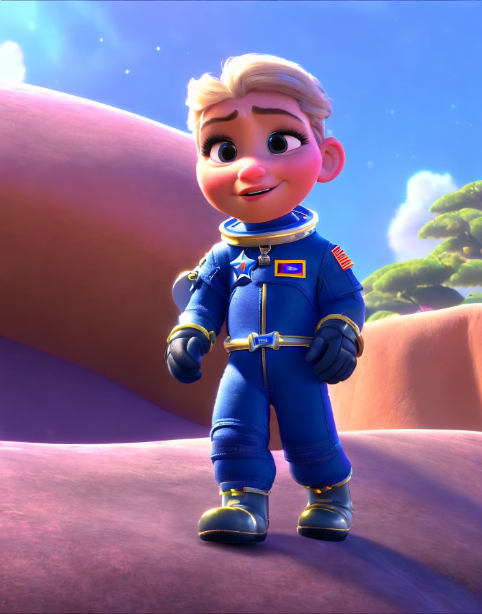 Young astronaut in blue space suit on rocky terrain with purple sky