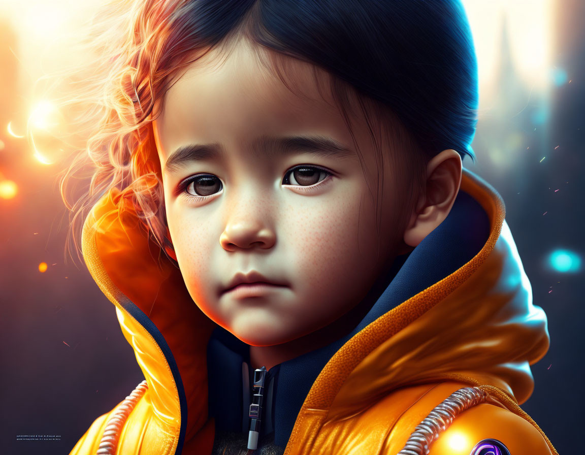 Vibrant digital artwork of young child in orange jacket with expressive eyes