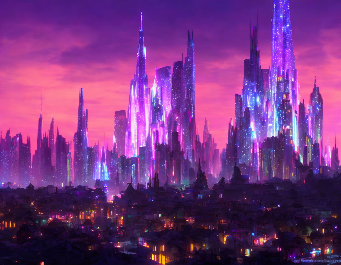 Vivid futuristic cityscape with neon-lit skyscrapers at twilight