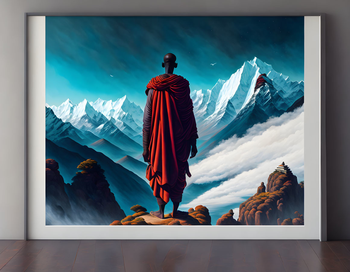 Digital artwork of solitary figure in red cloak on rocky outcrop, admiring mountain landscape under starry