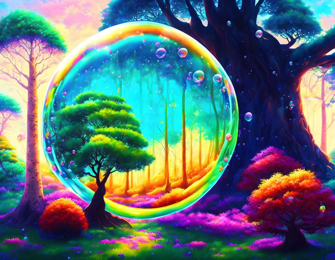 Colorful Fantasy Forest with Iridescent Bubble in Purple Sky