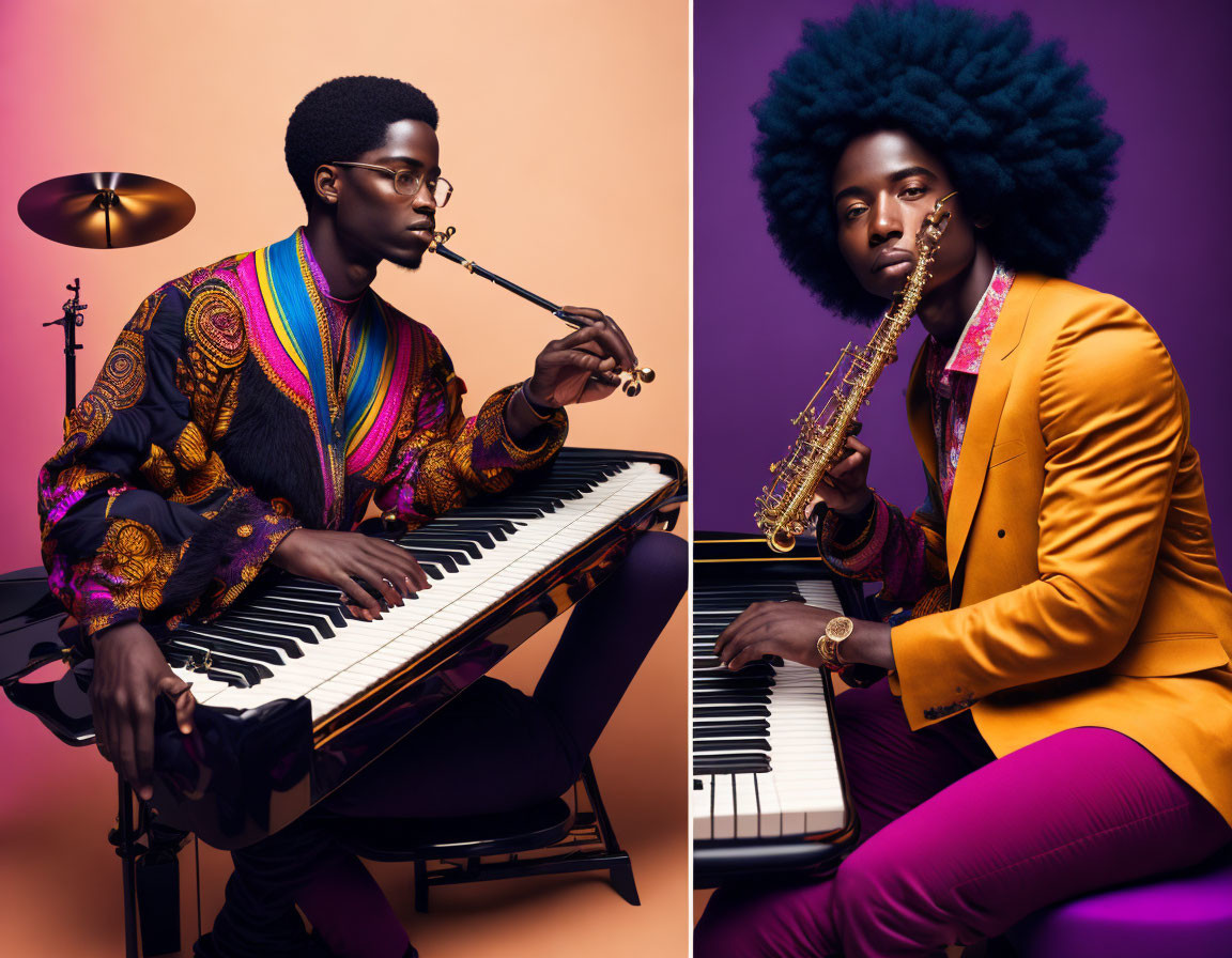 Stylish man with afro plays flute and saxophone in colorful outfits