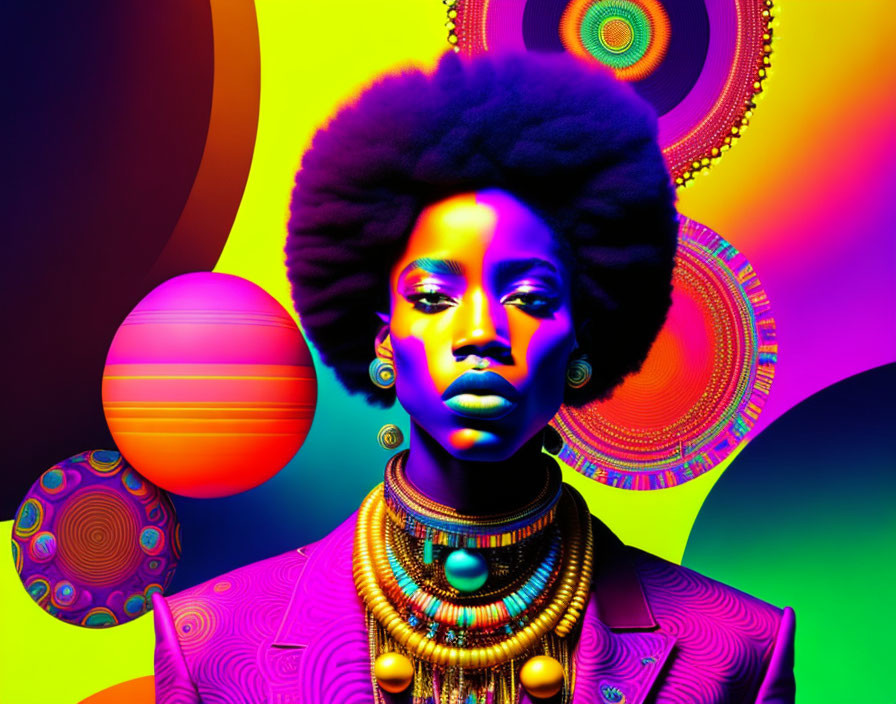 Colorful digital art: Woman with afro in vibrant, psychedelic setting