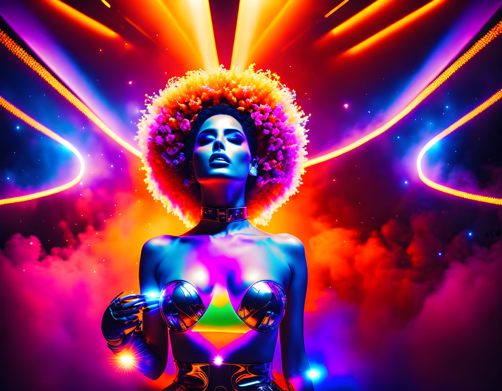 Colorful digital art: glowing afro on stylized woman with neon lights.