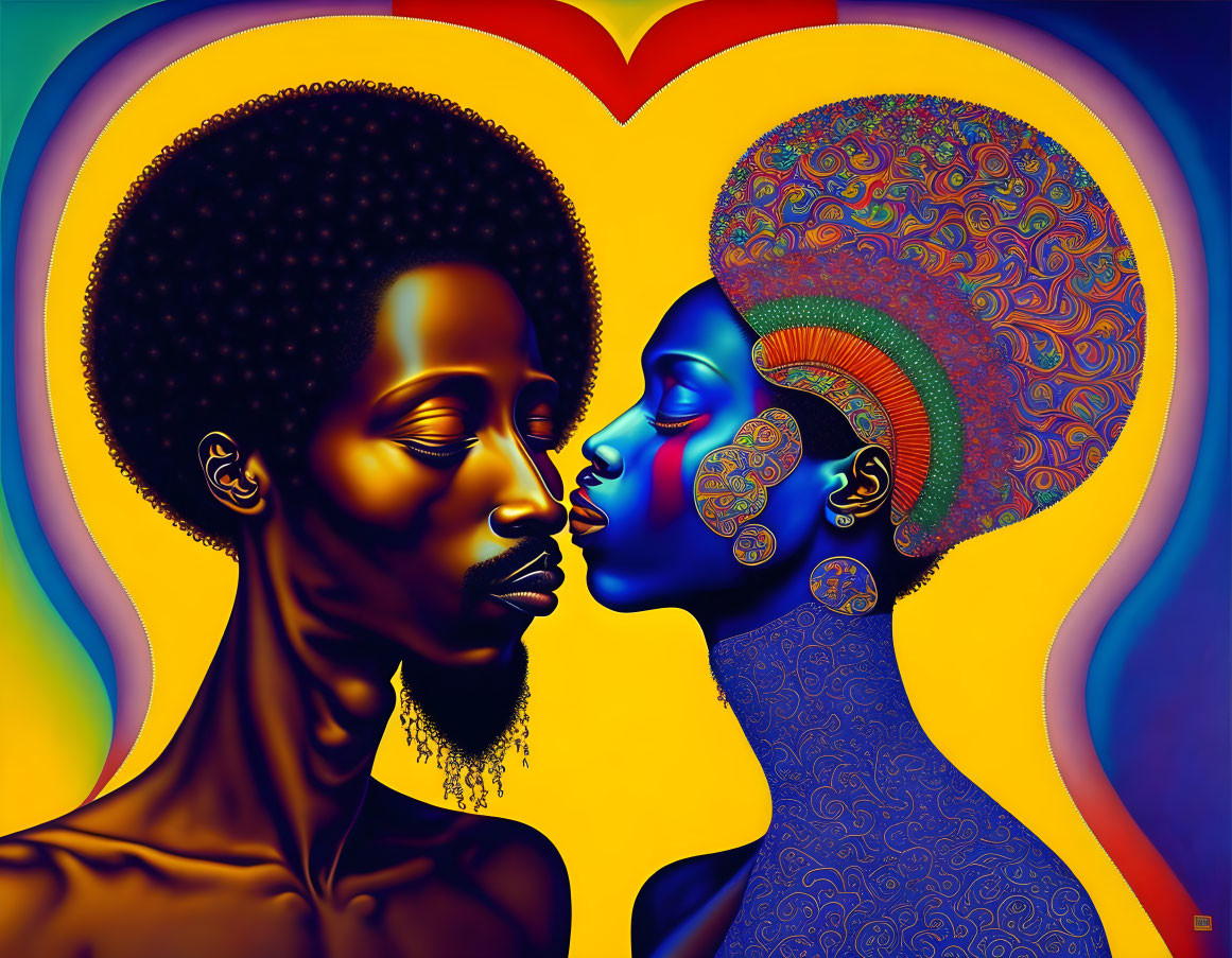 Colorful profile portrait of man and woman touching noses on heart-shaped background