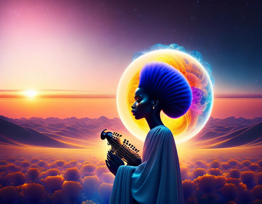 Surreal image: Woman with afro halo plays saxophone at vibrant sunset