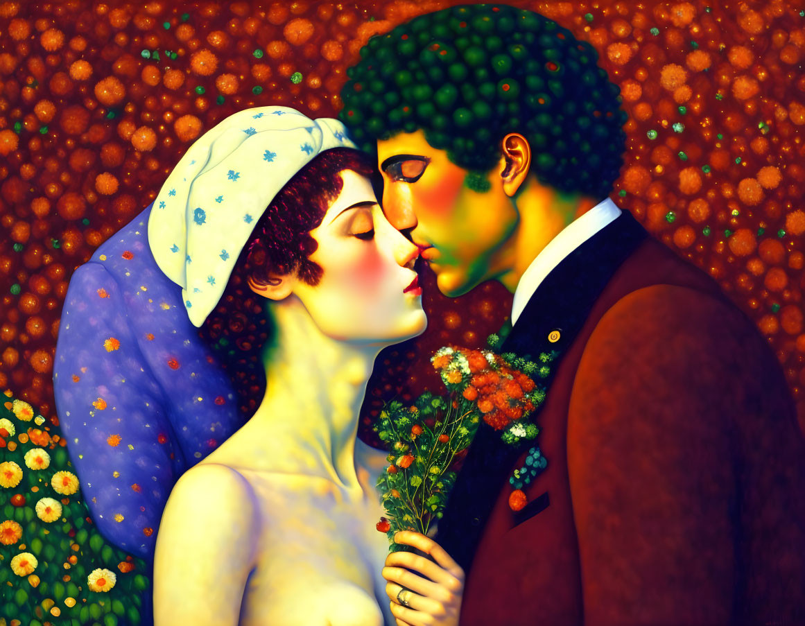 Vibrant Couple Kissing with Flowers Bouquet