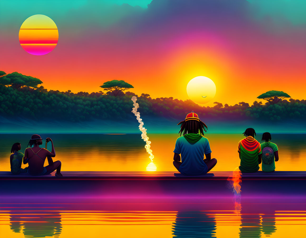 Colorful digital artwork: People by lake at surreal sunset