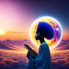 Surreal image: Woman with afro halo plays saxophone at vibrant sunset